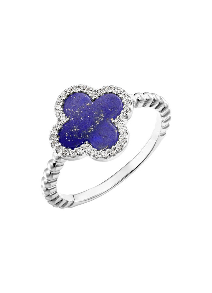 Kleeblatt-Damenring mit echt Lapislazuli und synth. Zirkonia 