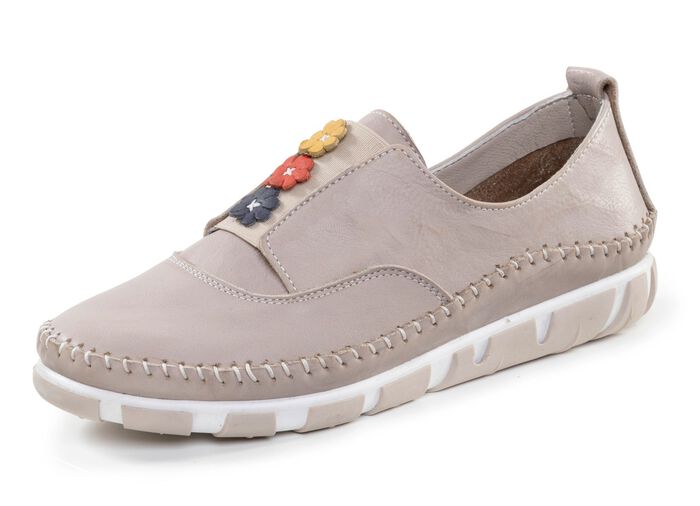 Gemini Slipper mit dezenter Knitter-Struktur und bunten Leder-Bl&uuml;ten KIESEL