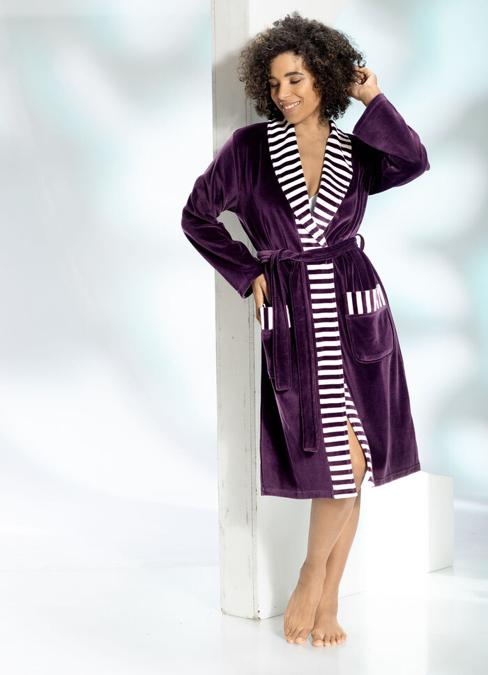 Hausmantel mit Schalkragen AUBERGINE-WEISS