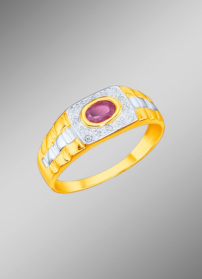 Massiver Partnerring mit 14 Diamanten und echtem Rubin 