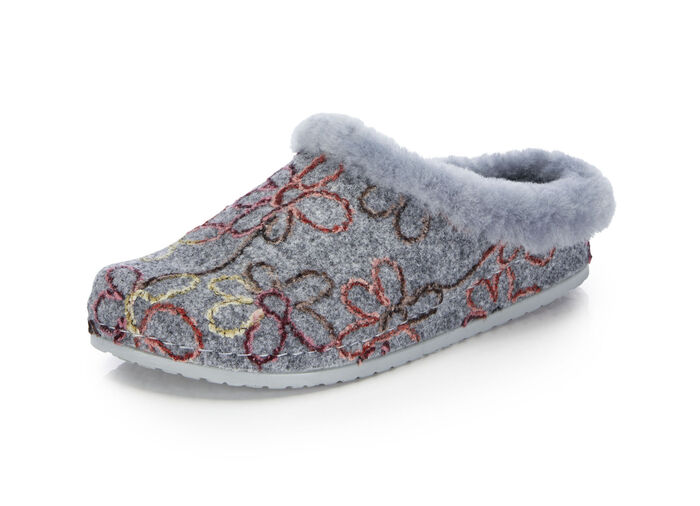 Mubb Wollfilz-Pantoffel mit bunter Blüten-Stickerei GRAU
