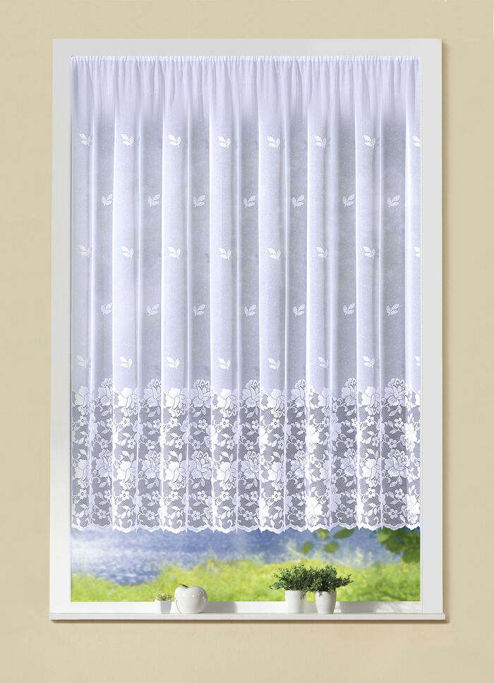 Filigraner Blumenfenster-Store mit Automatikfaltenband 1:3 