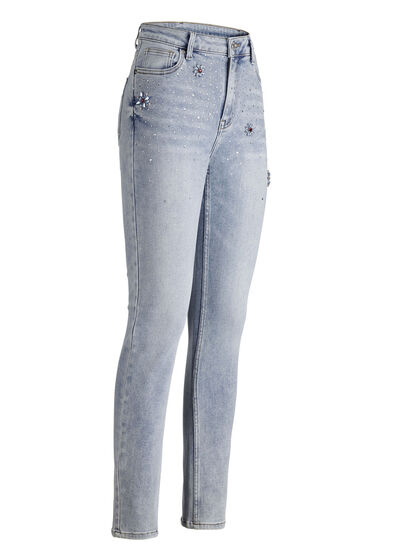 Jeans mit Strasszier und glänzenden Blütenmotiven 