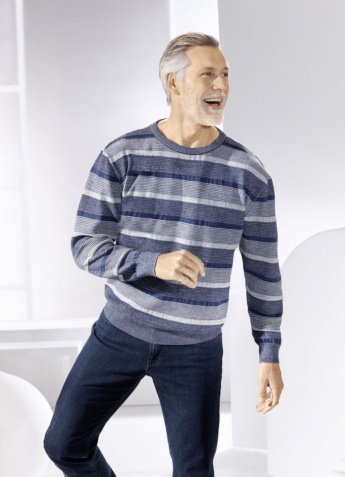 Rundhalspullover mit Strukturdessin in 2 Farben JEANSBLAU-GRAU