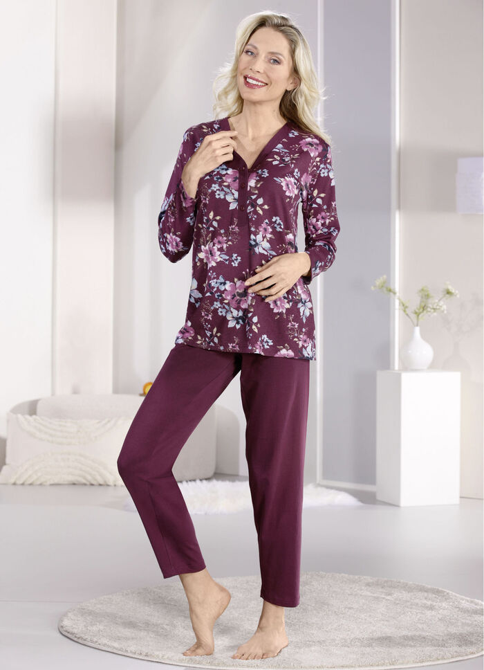 Schlafanzug mit Blende und Knopfleiste sowie langen Ärmeln BORDEAUX-BEERE-BUNT