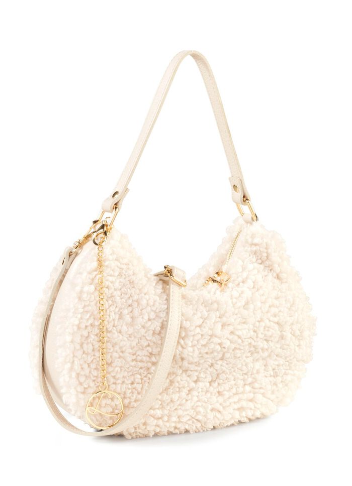 Laurina Tasche aus kuscheligem Teddy-Pl&uuml;sch und genarbtem Kalbleder 