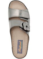 Bequeme Damen-Pantoletten, Weite G, mit Lederblüte ANTIKBRONZE