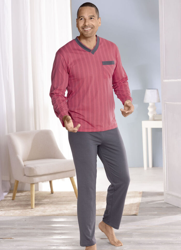 Schlafanzug mit Streifendessin, V-Ausschnitt und Brusttasche 