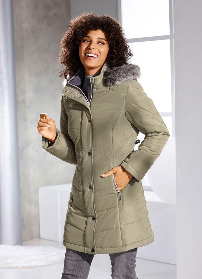 Longjacke mit abnehmbarem Kunstpelz-Besatz HELLGR&Uuml;N