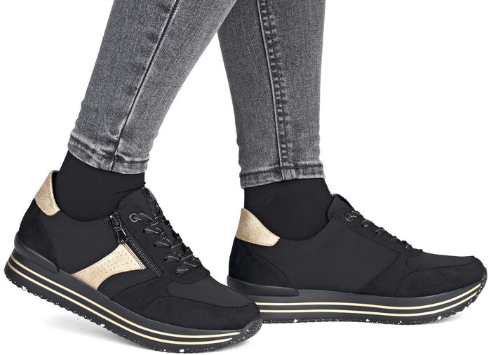 Remonte, trendige Damen-Sneaker, Weite G, mit herausnehmbarem Fu&szlig;bett SCHWARZ-GOLD