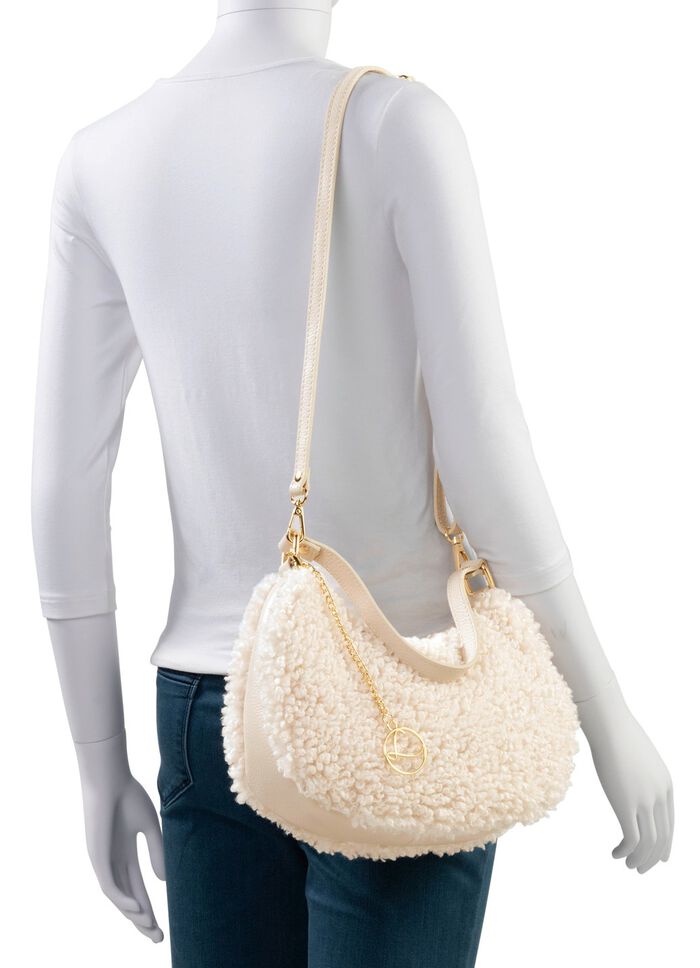 Laurina Tasche aus kuscheligem Teddy-Pl&uuml;sch und genarbtem Kalbleder 