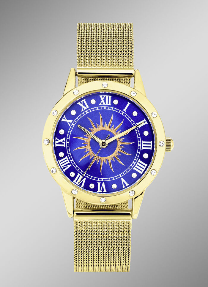 Quartz-Damenuhr Sonne mit wei&szlig;en Kristallakzenten  