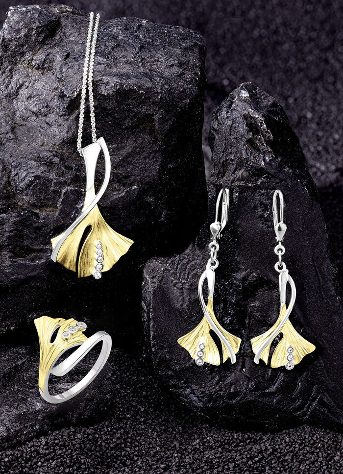 Ginkgoblatt-Anh&auml;nger in Bicolor mit synth. Zirkonia 