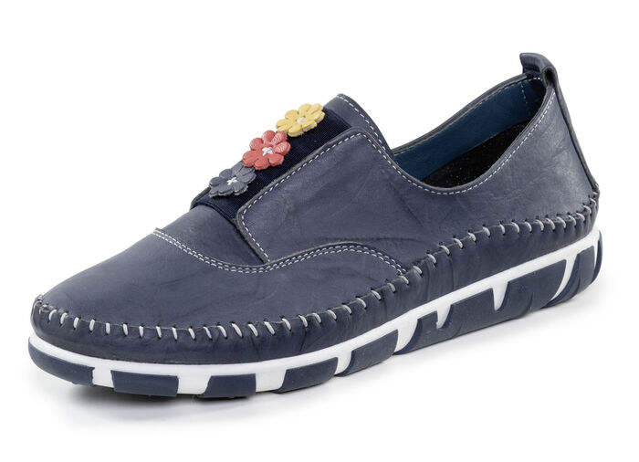 Gemini Slipper mit dezenter Knitter-Struktur und bunten Leder-Blüten MARINE