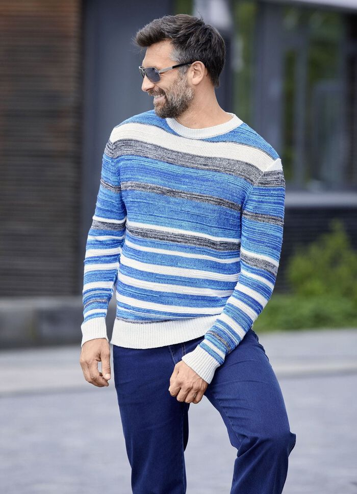 Gestreifter Rundhalspullover mit Strukturdessin T&Uuml;RKIS-GRAU-ECRU GESTREIFT