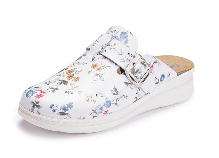 ELENA EDEN, klassische Damen-Clogs, Weite H, mit herausnehmbarem Fu&szlig;bett WEISS-BUNT