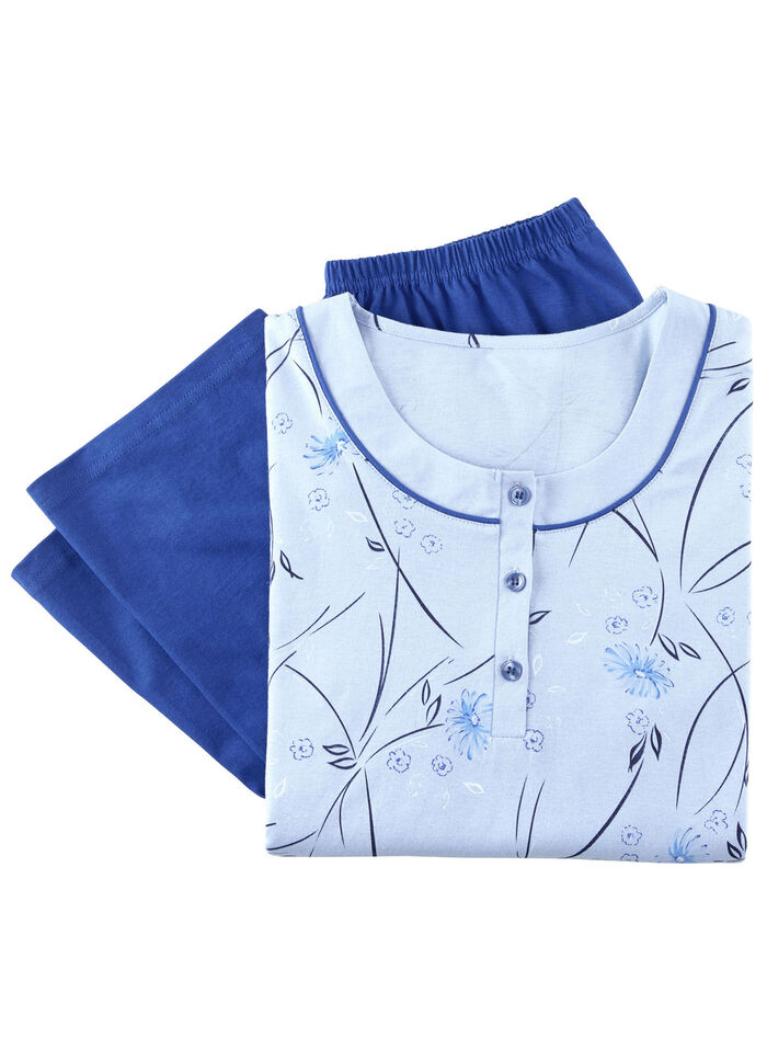 Schlafanzug, Langarm mit Knopfleiste AZUR-ROYALBLAU-BUNT