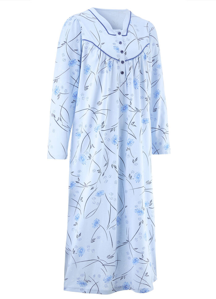 Nachthemd, Langarm mit Knopfleiste AZURBLAU-BUNT