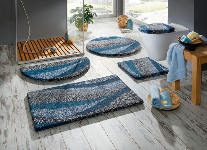 Badvorleger mit aufwendig bedrucktem Mosaik-Wellendessin BLAU