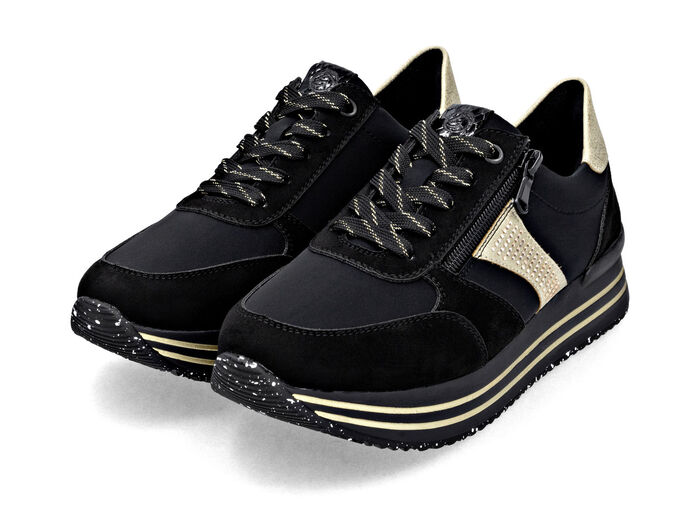 Remonte, trendige Damen-Sneaker, Weite G, mit herausnehmbarem Fußbett SCHWARZ-GOLD