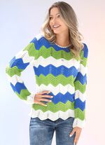 Pullover mit Zackenringeln ECRU-JEANSBLAU-LIMETTE