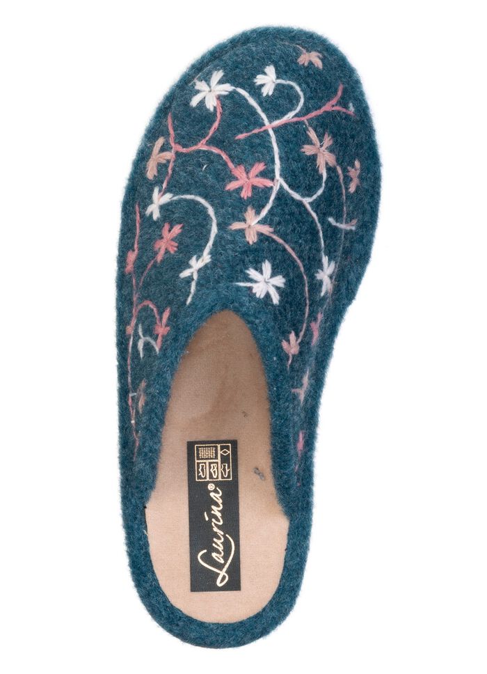 Laurina, leichte Damen-Hausschuhe, mit bunter Bl&uuml;ten-Stickerei BLAU