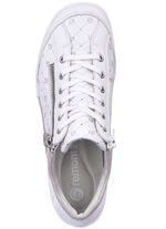 Remonte Schnür-Bootie aus bedrucktem und metallisch schimmerndem Synthetikmaterial WEISS-PUDERROSÉ