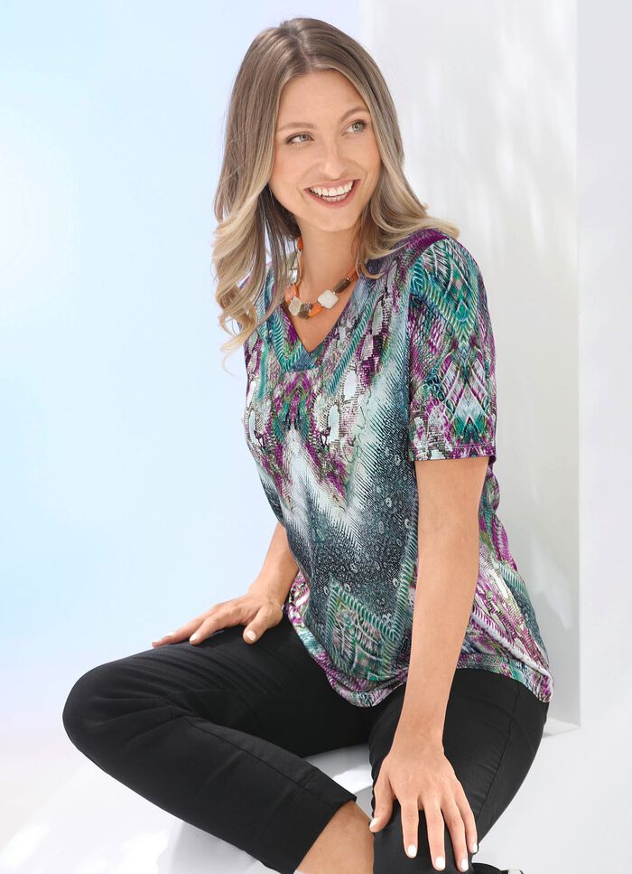 Shirt mit V-Ausschnitt GRÜN-LILA-BUNT