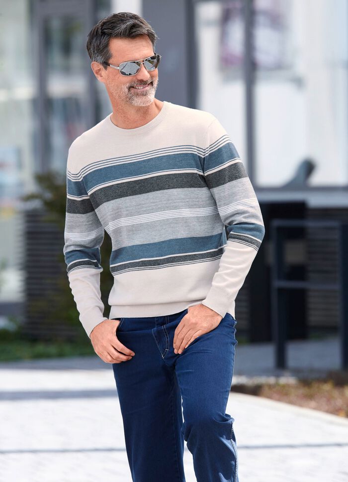 Gestreifter Rundhalspullover NATUR-GRAU-JEANSBLAU GESTREIFT