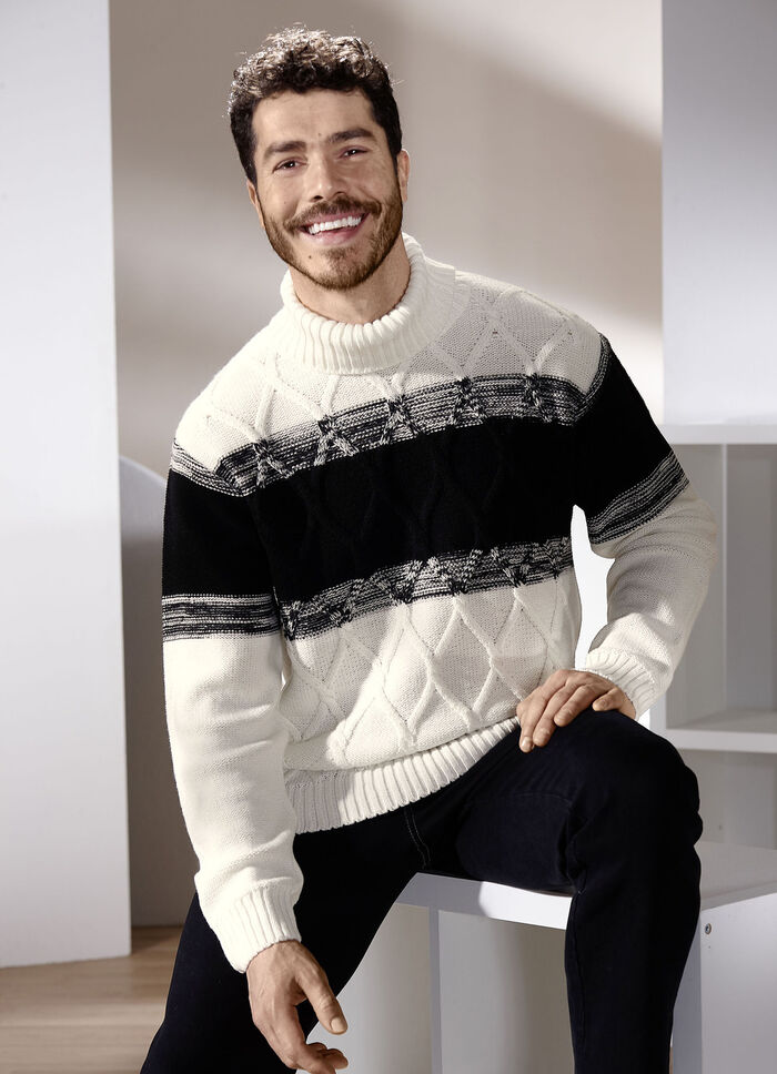 Rollkragenpullover mit Zopfmuster NATUR-SCHWARZ