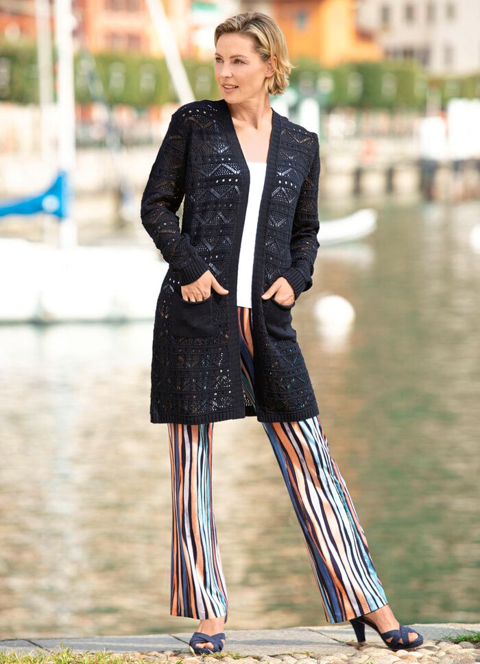 Long-Strickjacke mit Ajourdessin 