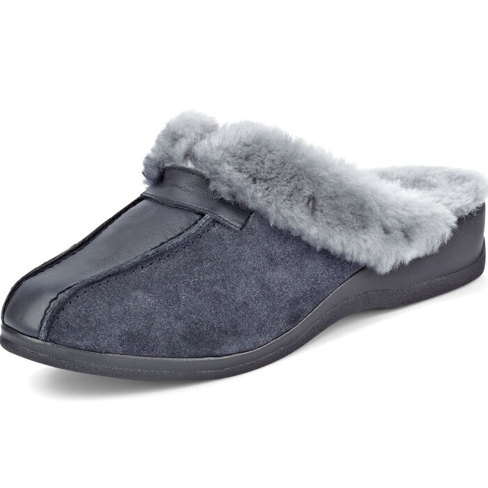 Pantoffel in 3 Farben mit echtem Lammfellfutter MARINE-HELLGRAU