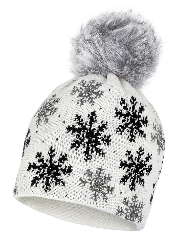 Trendige Damen-Mütze, mit Schneeflocken-Dessin WEISS