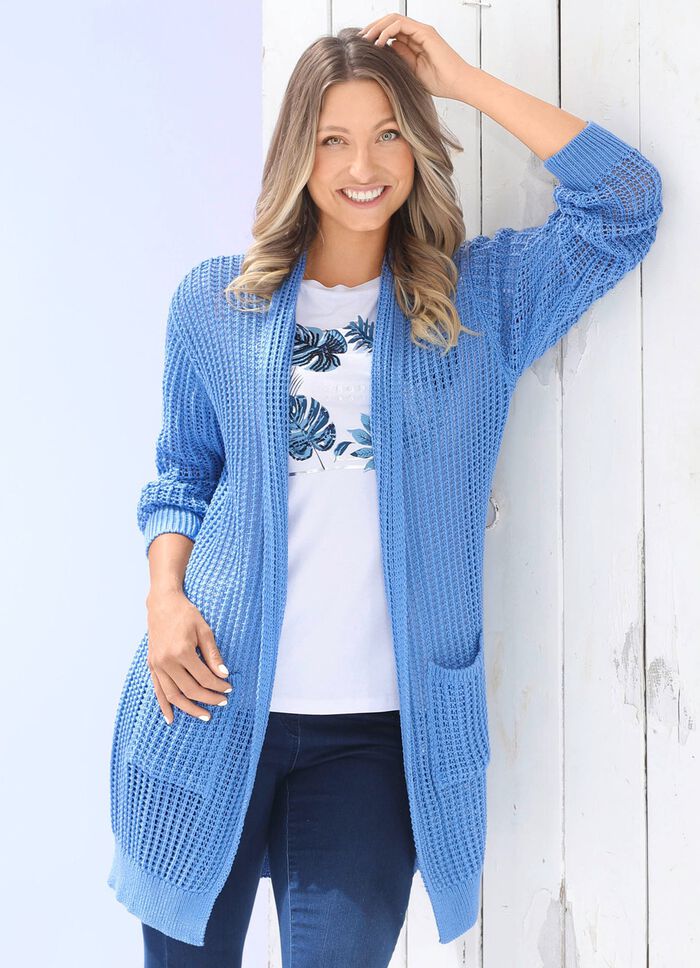 Long-Strickjacke in streckender Streifenoptik 