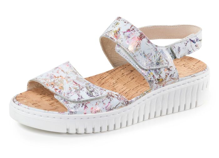 Waldl&auml;ufer Sandale aus gl&auml;nzend bedrucktem Nubukleder ECRU-BUNT