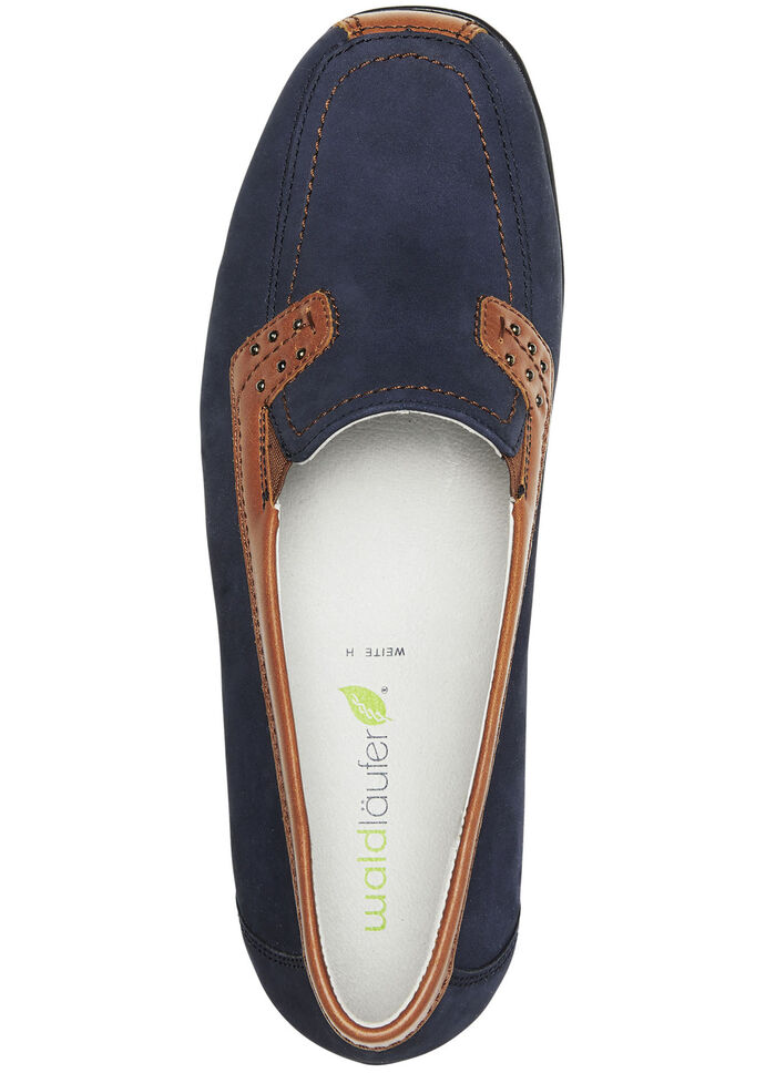 Waldläufer, bequeme Damen-Slipper, Weite H, mit herausnehmbarem Fußbett MARINE-COGNAC