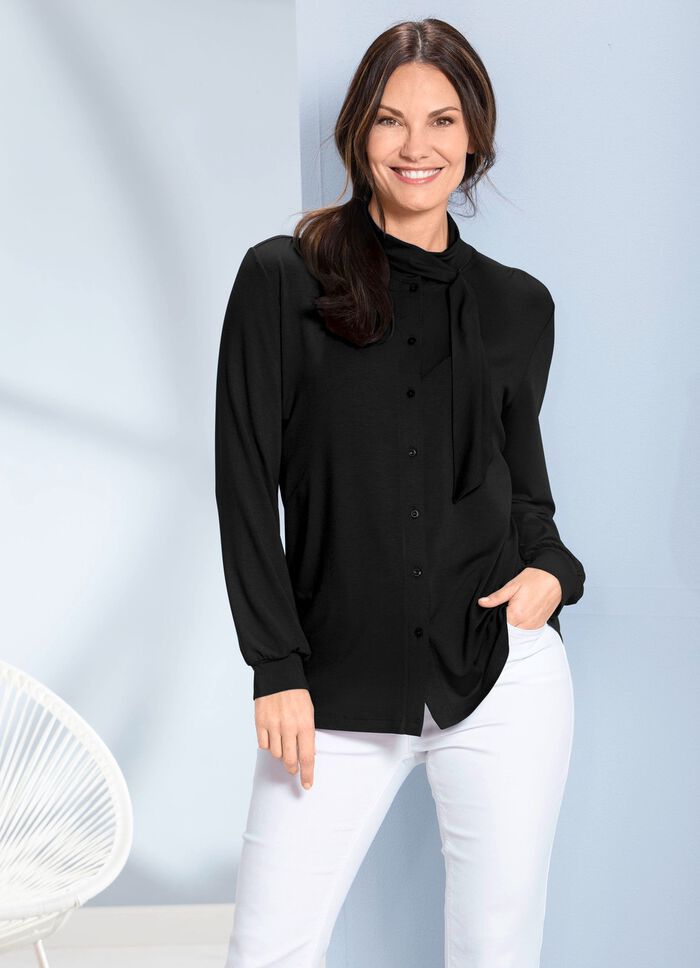 Shirtbluse mit durchgender Knopfleiste in 2 Farben SCHWARZ