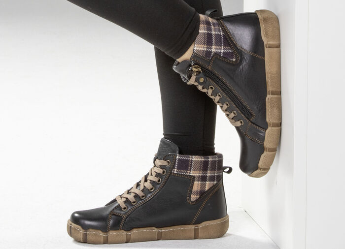 Andrea Conti Schn&uuml;r-Bootie mit Schaftrand aus kariertem Textil SCHWARZ-BRAUN