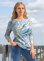 Pullover in Feinstrick mit Alloverdruck ECRU-BLAU-MULTICOLOR