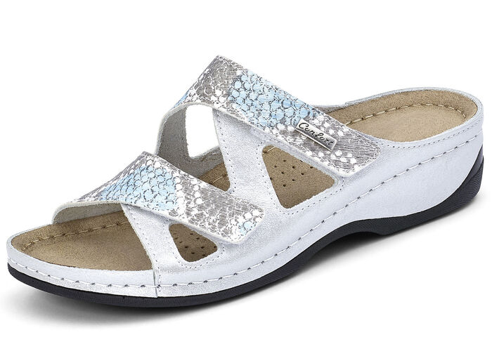 ELENA EDEN, bequeme Damen-Pantoletten, Weite G, mit Klettverschluss SILBER-TÜRKIS