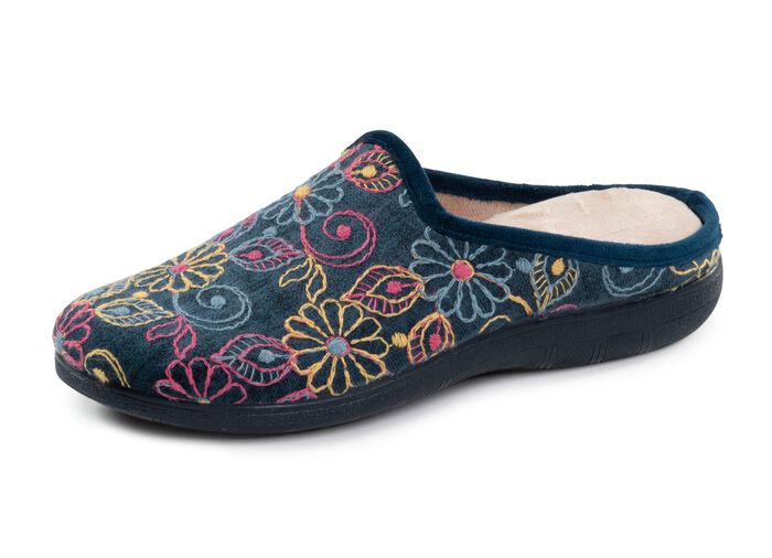 Laurina Pantoffel aus Textilmaterial mit bunter Blumenstickerei BLAU