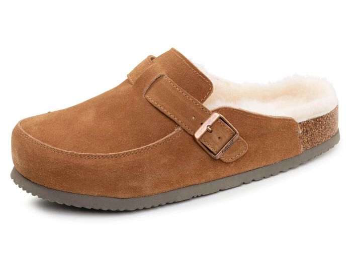 Gef&uuml;tterte Herren-Clogs, mit Lammfell COGNAC