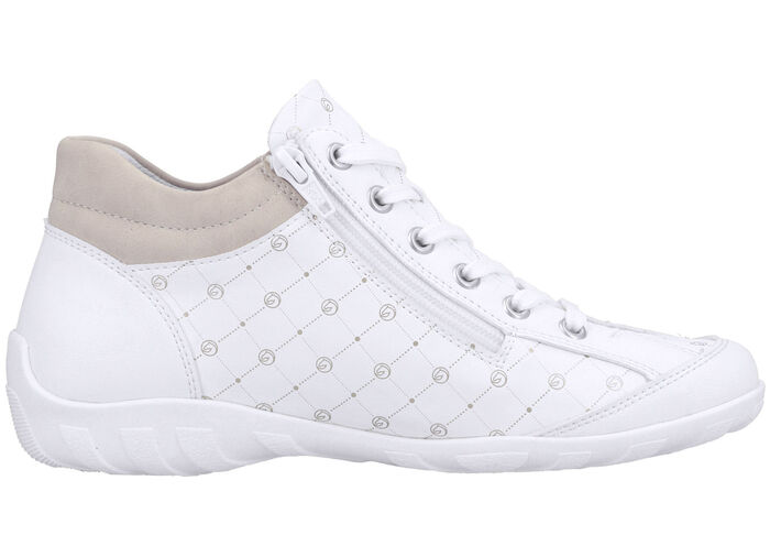 Remonte Schnür-Bootie aus bedrucktem und metallisch schimmerndem Synthetikmaterial WEISS-PUDERROSÉ